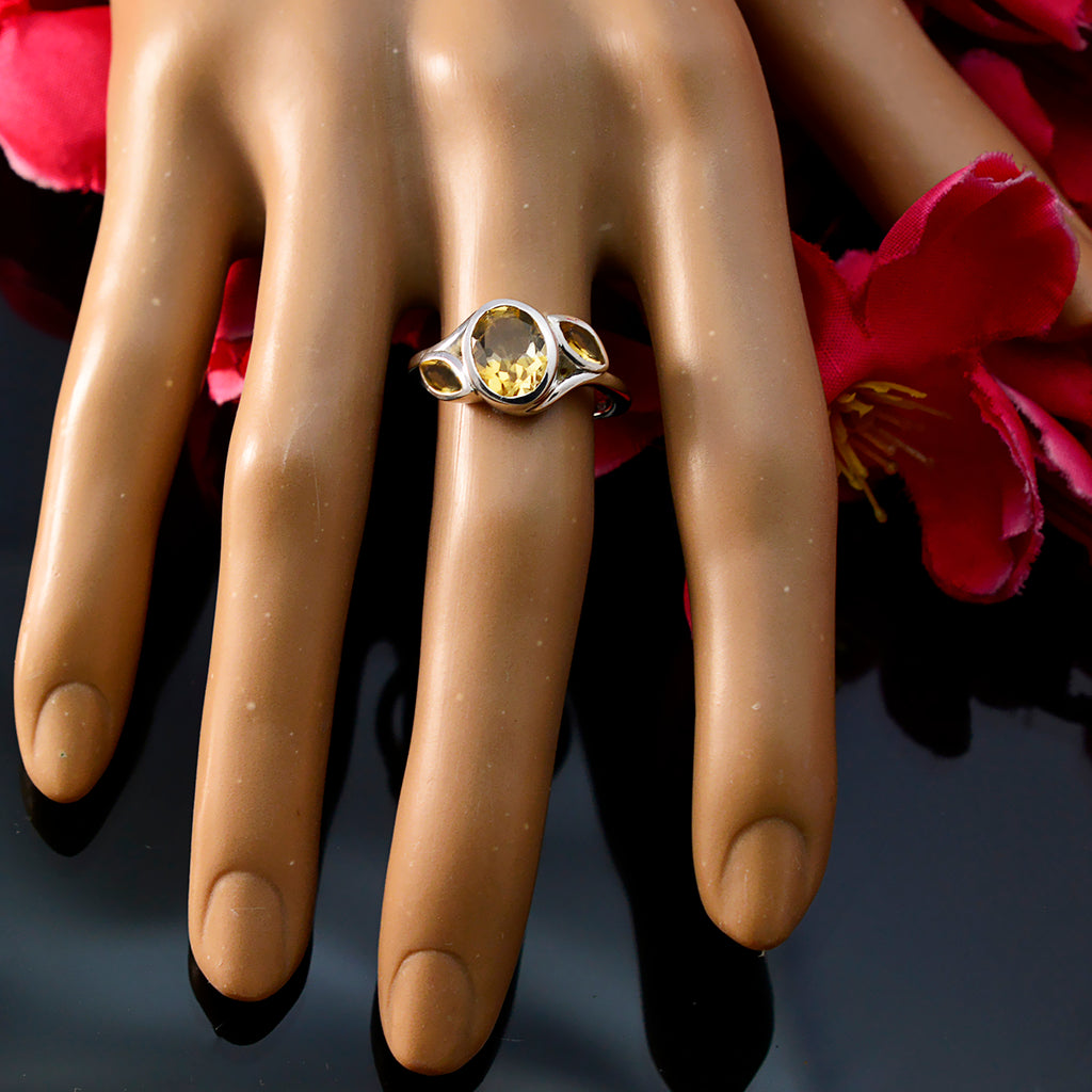 Citrine Trilogy Russian Silver Yellow Gemstone Slim Feminine Ring Jewelry