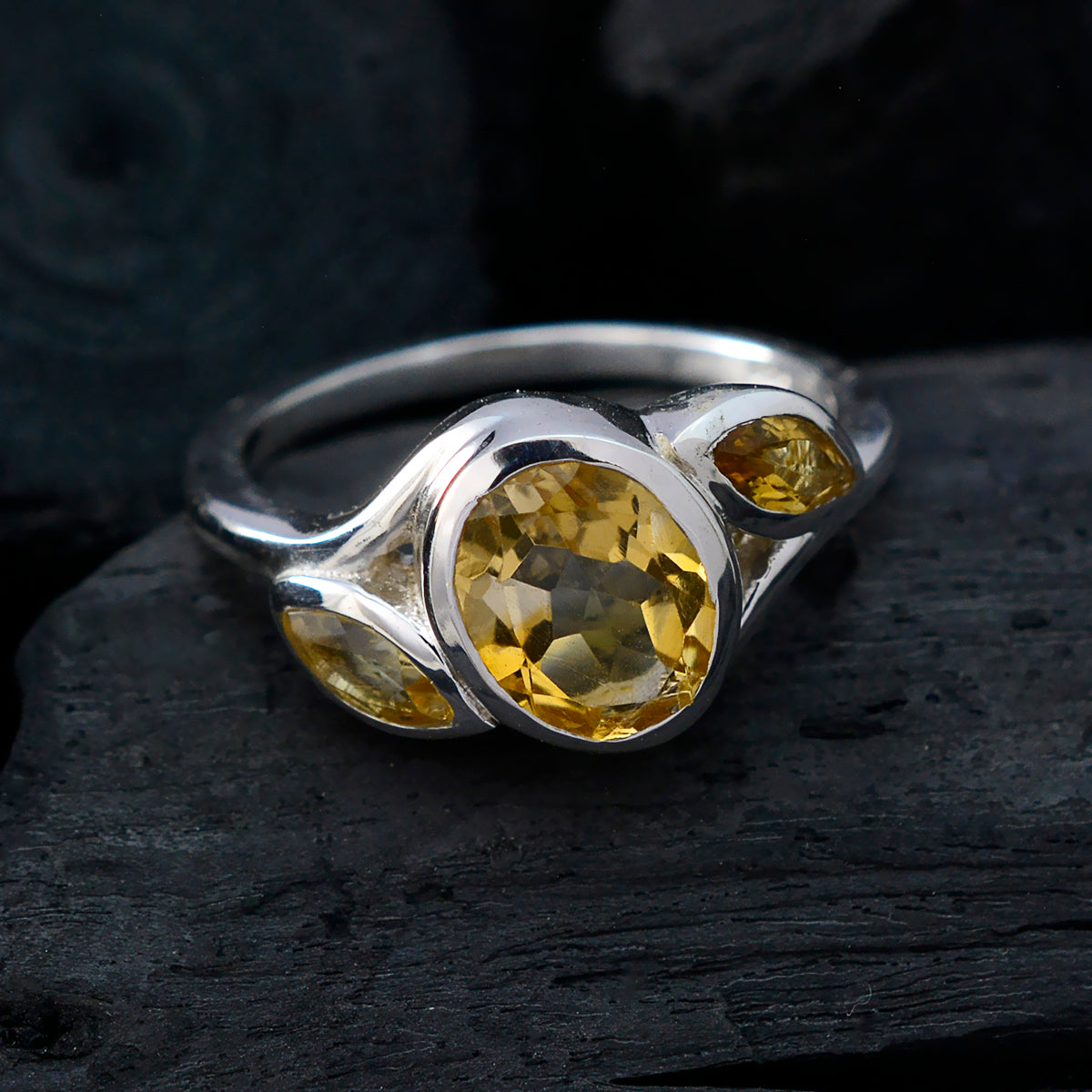 Citrine Trilogy Russian Silver Yellow Gemstone Slim Feminine Ring Jewelry
