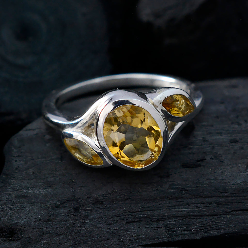 Citrine Trilogy Russian Silver Yellow Gemstone Slim Feminine Ring Jewelry