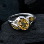 Citrine Trilogy Russian Silver Yellow Gemstone Slim Feminine Ring Jewelry