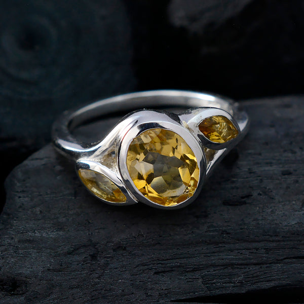 Citrine Trilogy Russian Silver Yellow Gemstone Slim Feminine Ring Jewelry