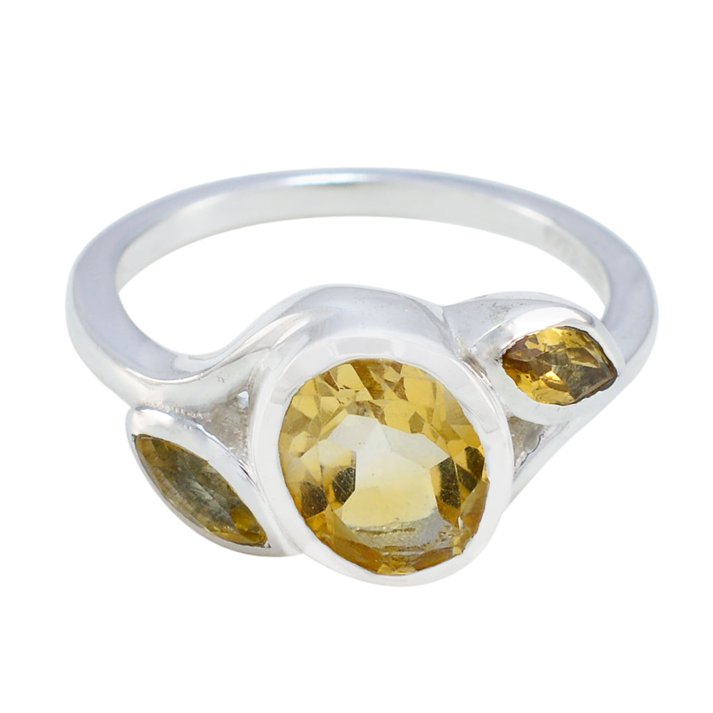 Citrine Trilogy Russian Silver Yellow Gemstone Slim Feminine Ring Jewelry