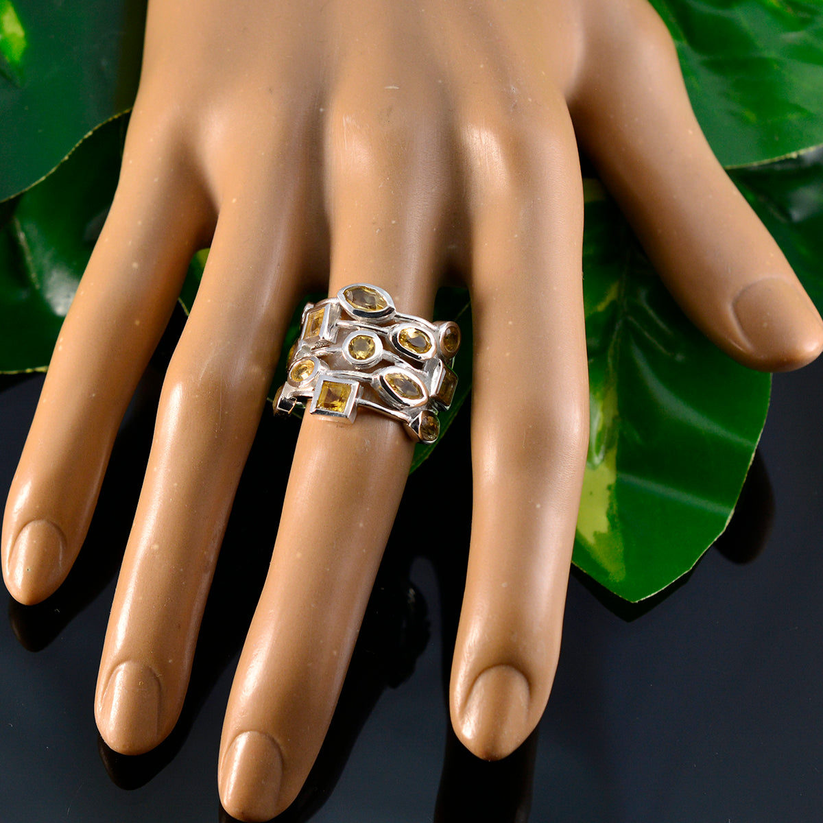 Citrine multiple French 925 Silver Yellow Gemstone Eye catching Abstract Ring Jewelry