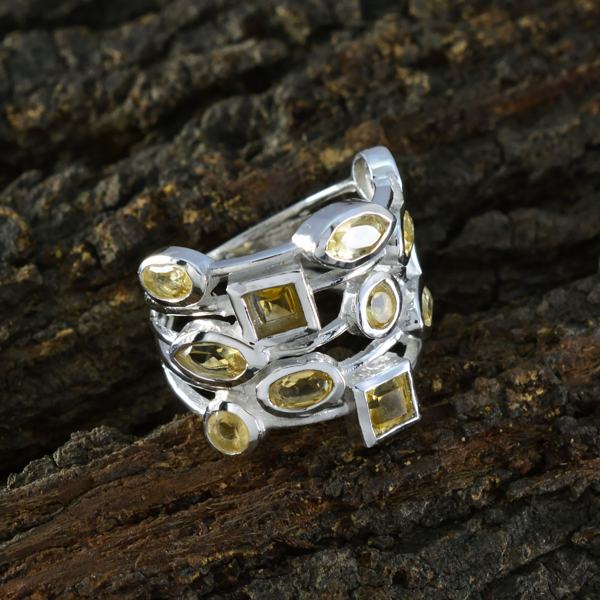 Citrine multiple French 925 Silver Yellow Gemstone Eye catching Abstract Ring Jewelry
