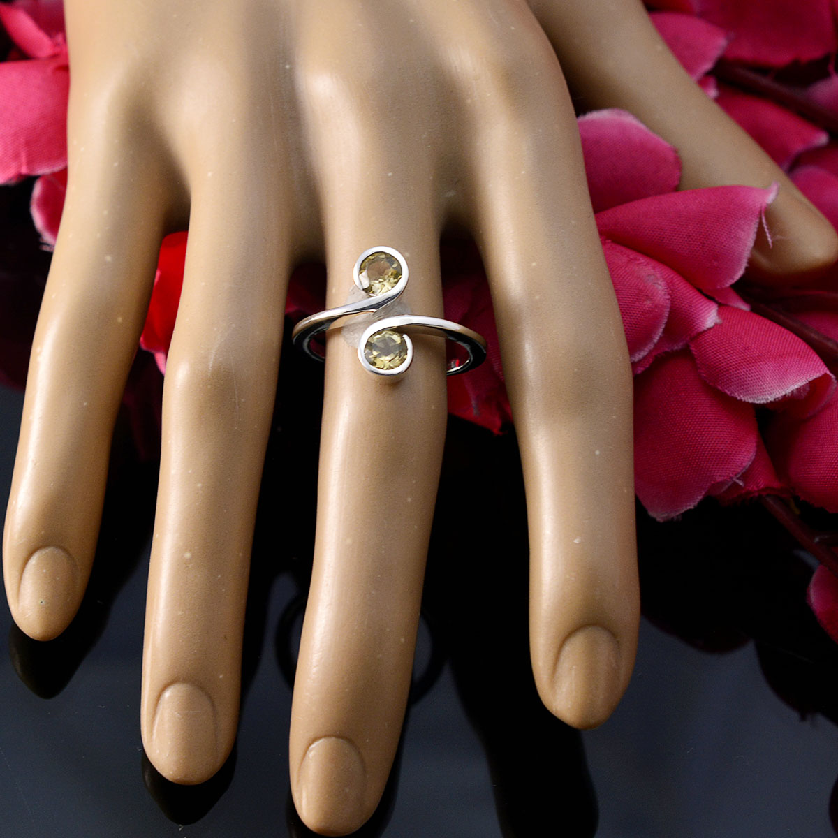 Citrine Toi et Moi Russian 92.5 Silver Yellow Gemstones Featherlight Glamorous Ring Jewellery