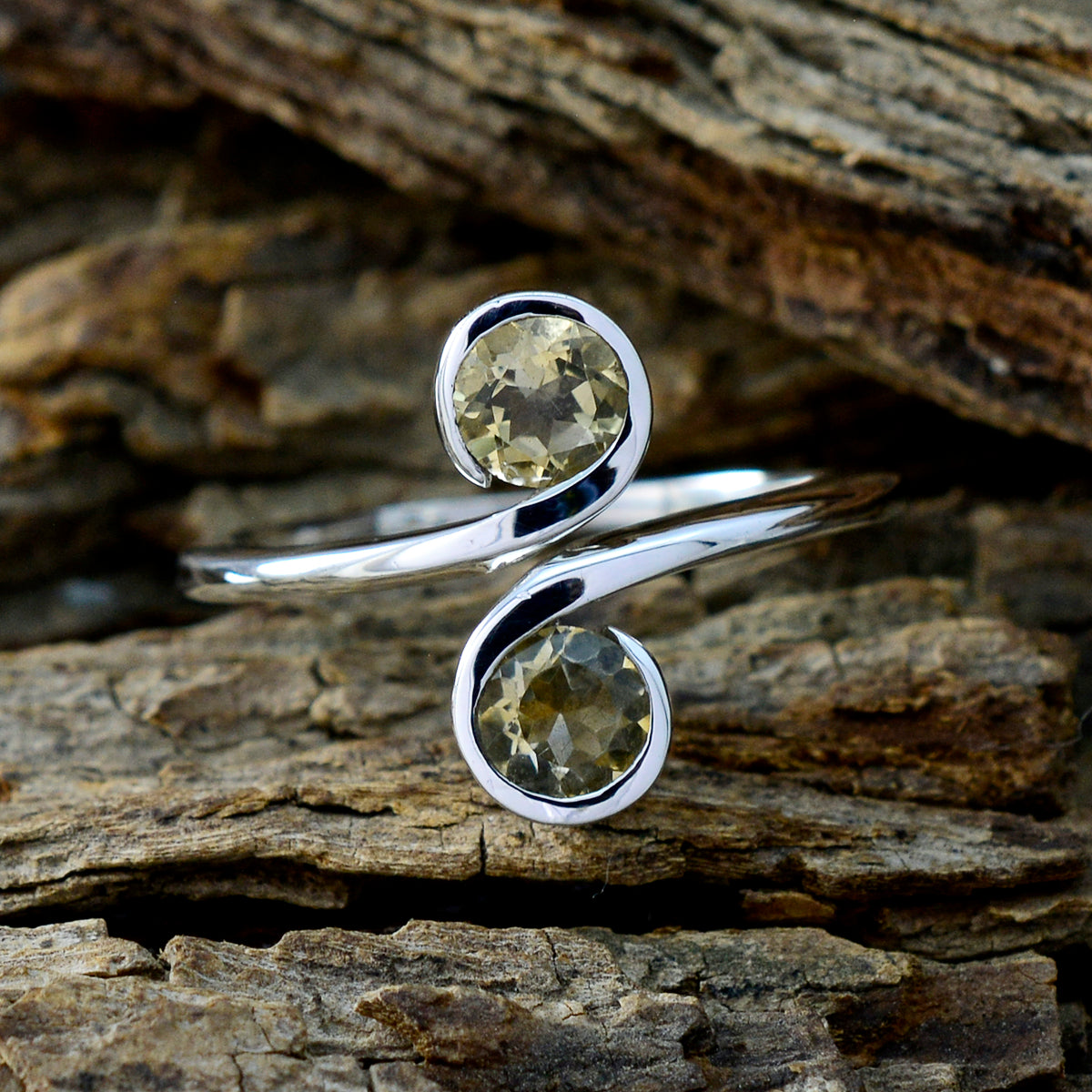 Citrine Toi et Moi Russian 92.5 Silver Yellow Gemstones Featherlight Glamorous Ring Jewellery