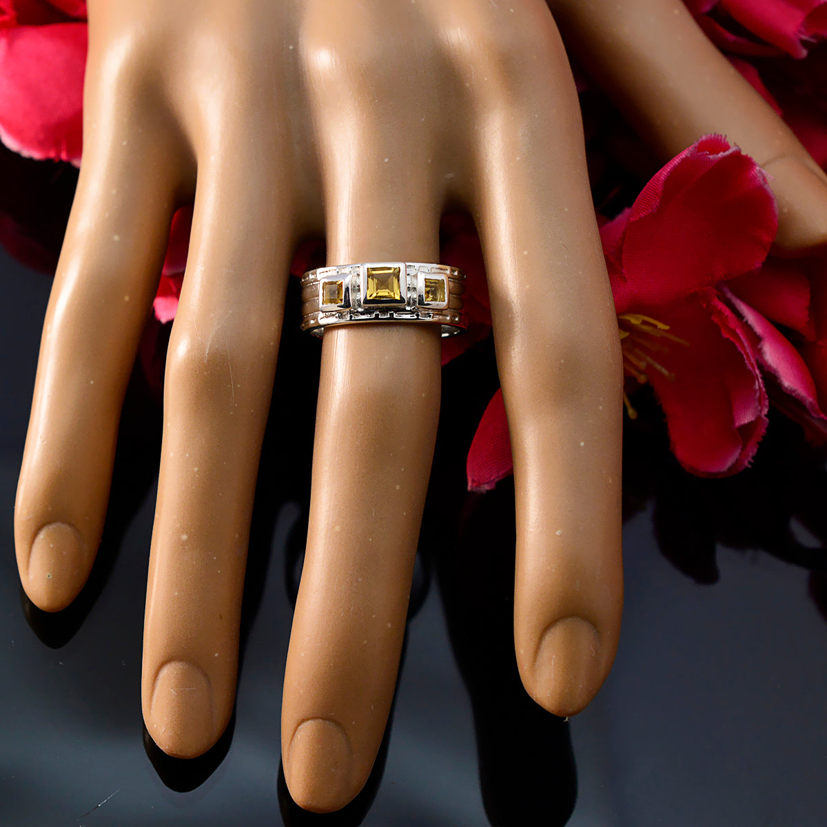 Citrine Trilogy French Sterling Silver Yellow Gemstones Eye catching Boho Band Jewelry