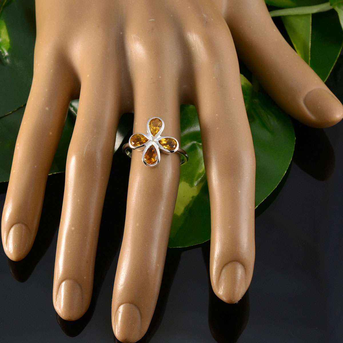 Citrine quarter Japanese Sterling Silver Yellow Gemstones Dainty Floral Ring Jewelry