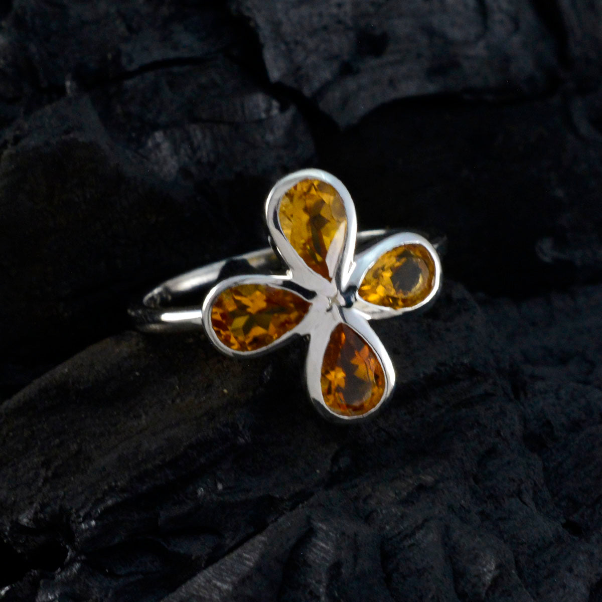 Citrine quarter Japanese Sterling Silver Yellow Gemstones Dainty Floral Ring Jewelry