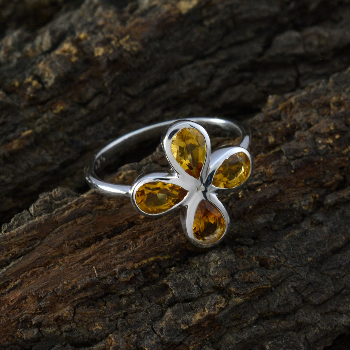 Citrine quarter Japanese Sterling Silver Yellow Gemstones Dainty Floral Ring Jewelry