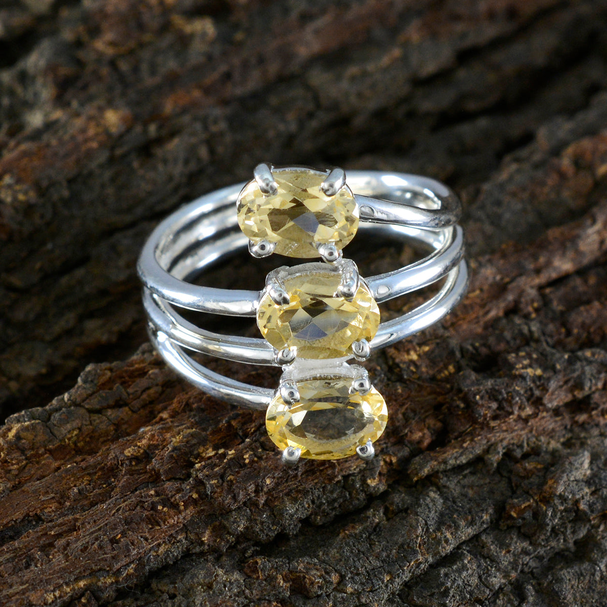 Citrine Trilogy Egyptian 925 Sterling Silver Yellow Gems Tiny Glamorous Ring Jewellery