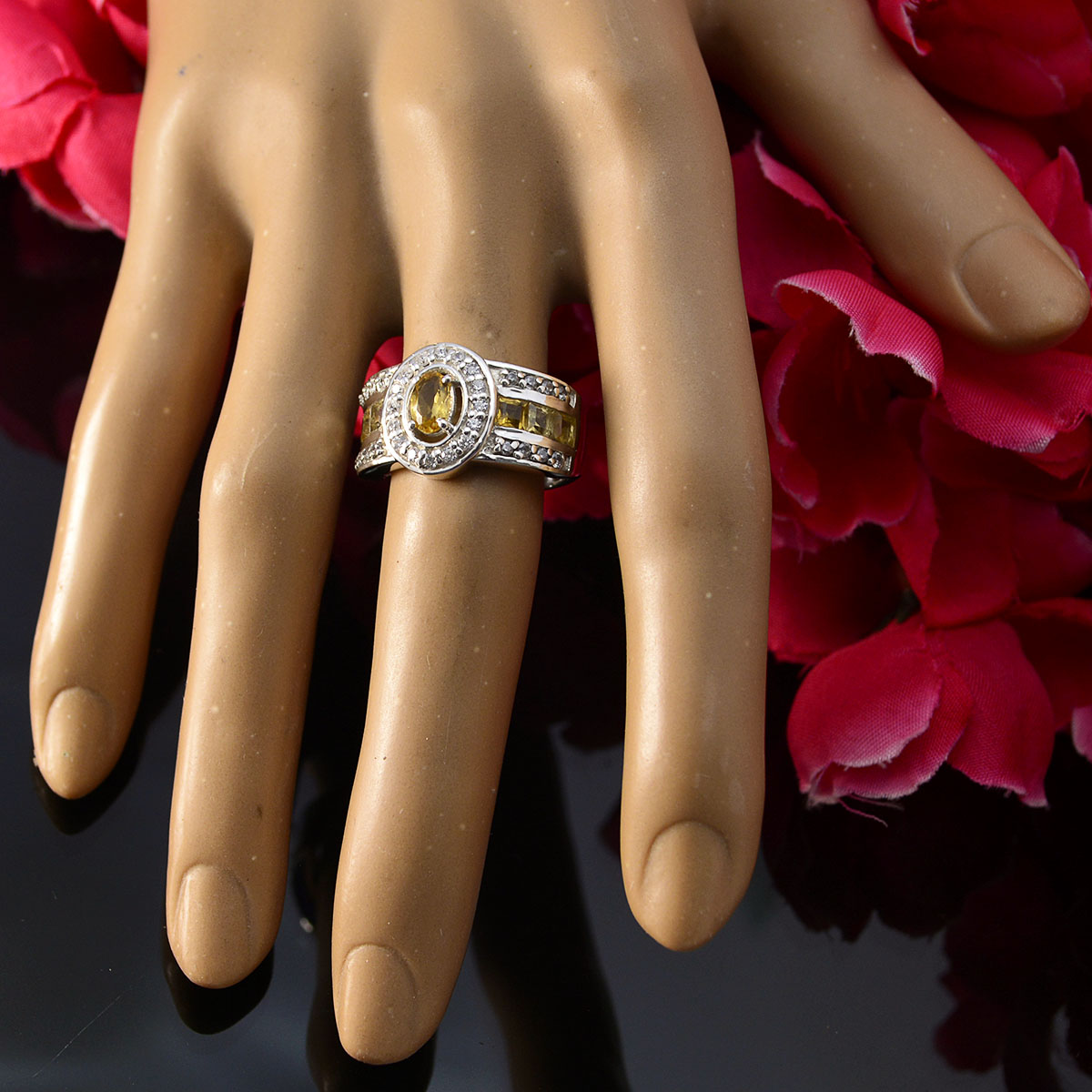 Citrine Halo African Sterling Silver Yellow Gems Eye catching Abstract Ring Jewelry