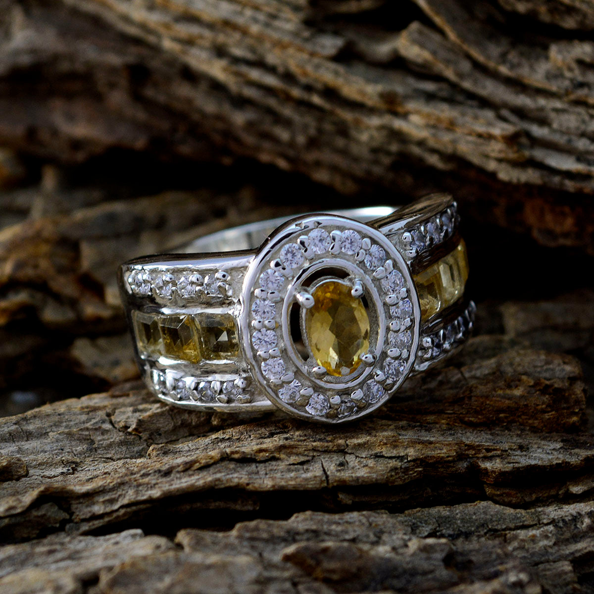Citrine Halo African Sterling Silver Yellow Gems Eye catching Abstract Ring Jewelry