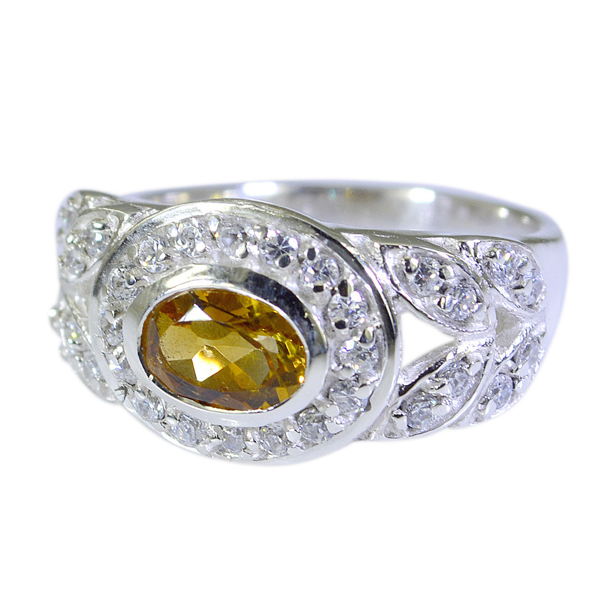 Citrine Halo French 925 Sterling Silver Yellow Gems Classic Sophisticated Ring Jewellery Hoofdafbeelding