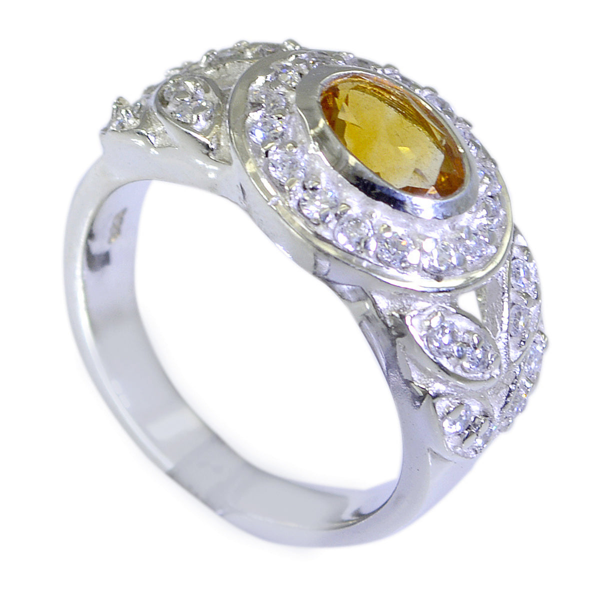 Citrine Halo French 925 Sterling Silver Yellow Gems Classic Sophisticated Ring Jewellery