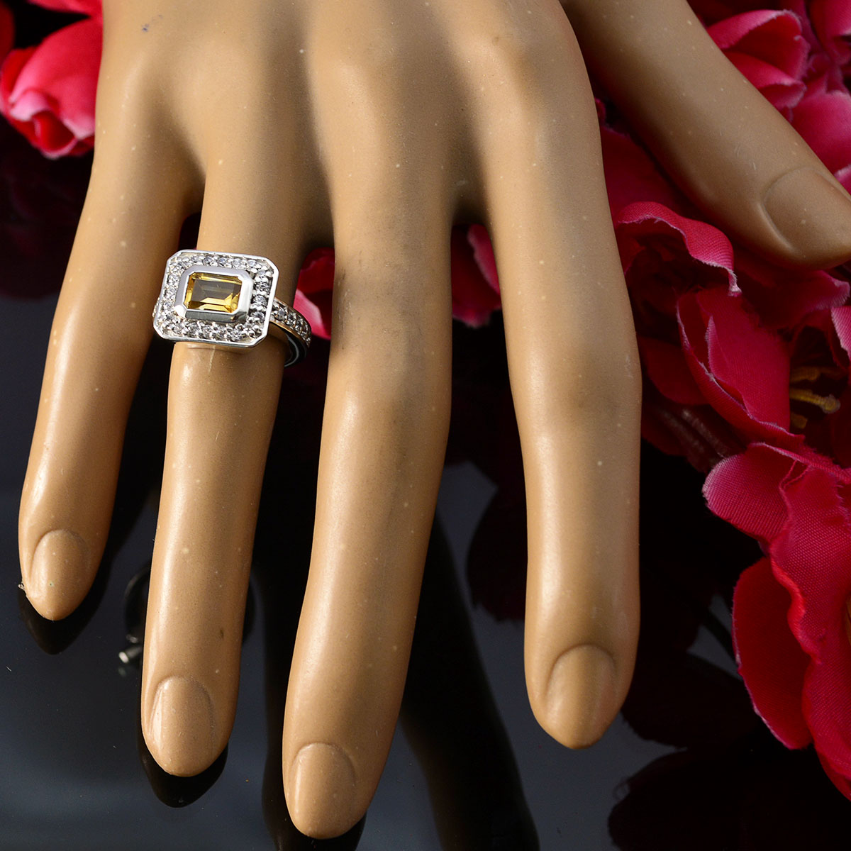 Citrine Halo Egyptian 925 Sterling Silver Yellow Gemstones Classic Graceful Ring Jewelry