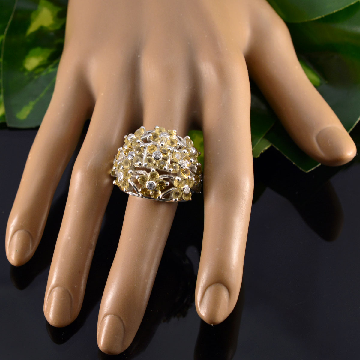Citrine multiple African 925 Sterling Silver Yellow Gemstone Statement Floral Ring Jewelry