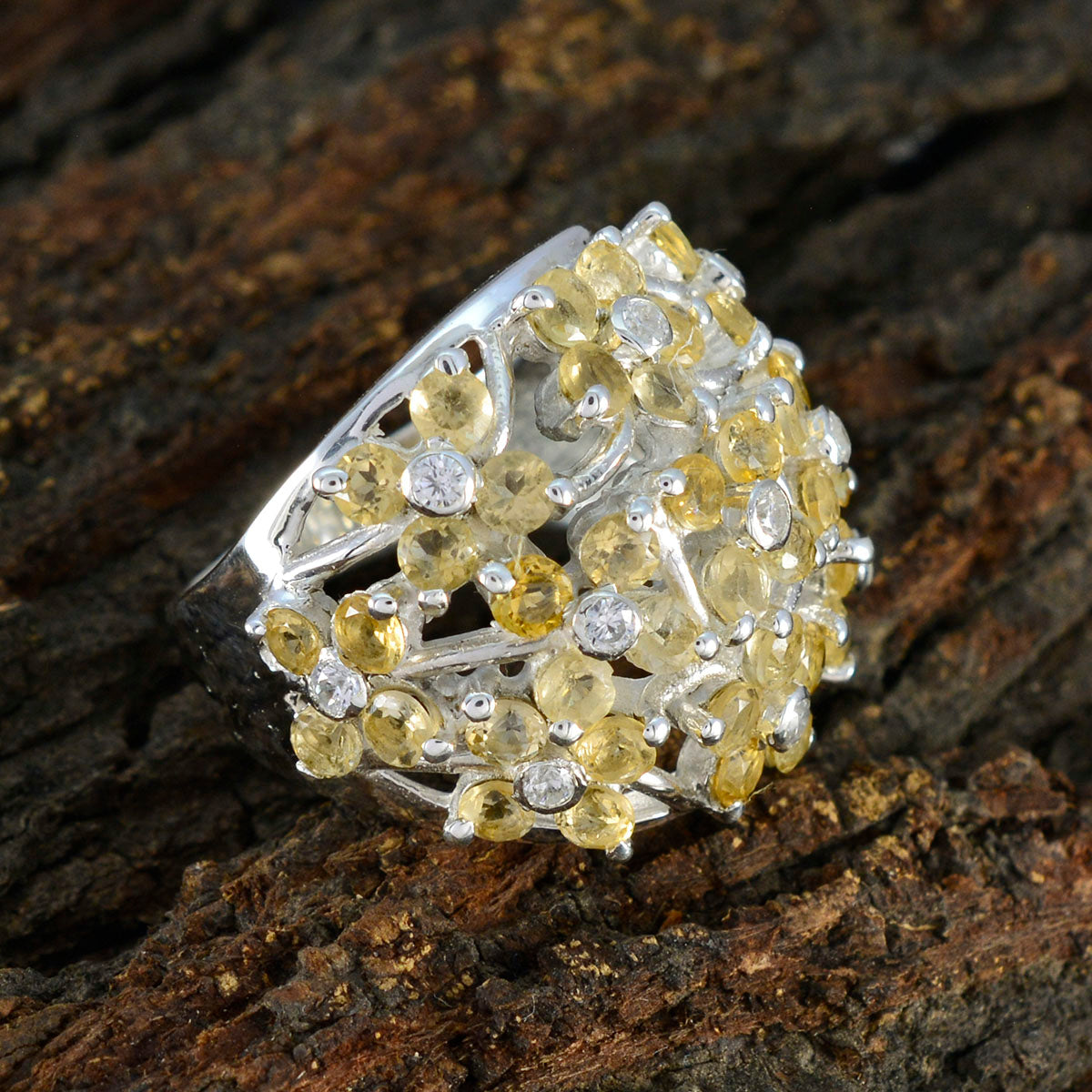 Citrine multiple African 925 Sterling Silver Yellow Gemstone Statement Floral Ring Jewelry