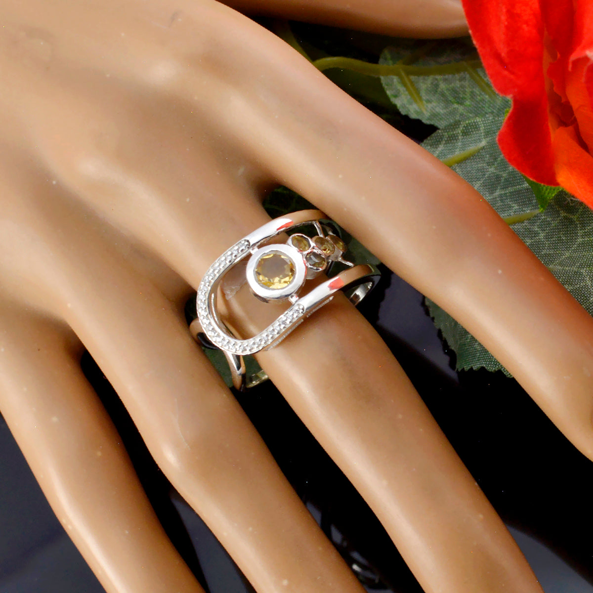 Citrine Halo Moroccan 925 Silver Yellow Gemstones Classic Graceful Ring Jewellery