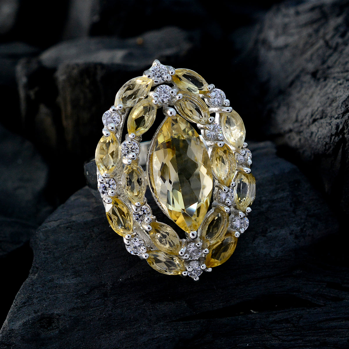 Citrine multiple German Silver Yellow Gemstones Essential  Abstract Ring Jewellery