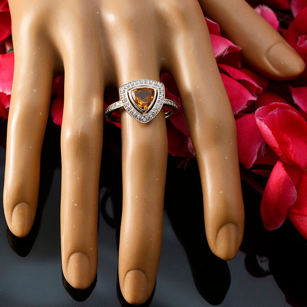 Citrine Halo Moroccan Sterling Silver Yellow Gemstone Slim Feminine Ring Jewelry