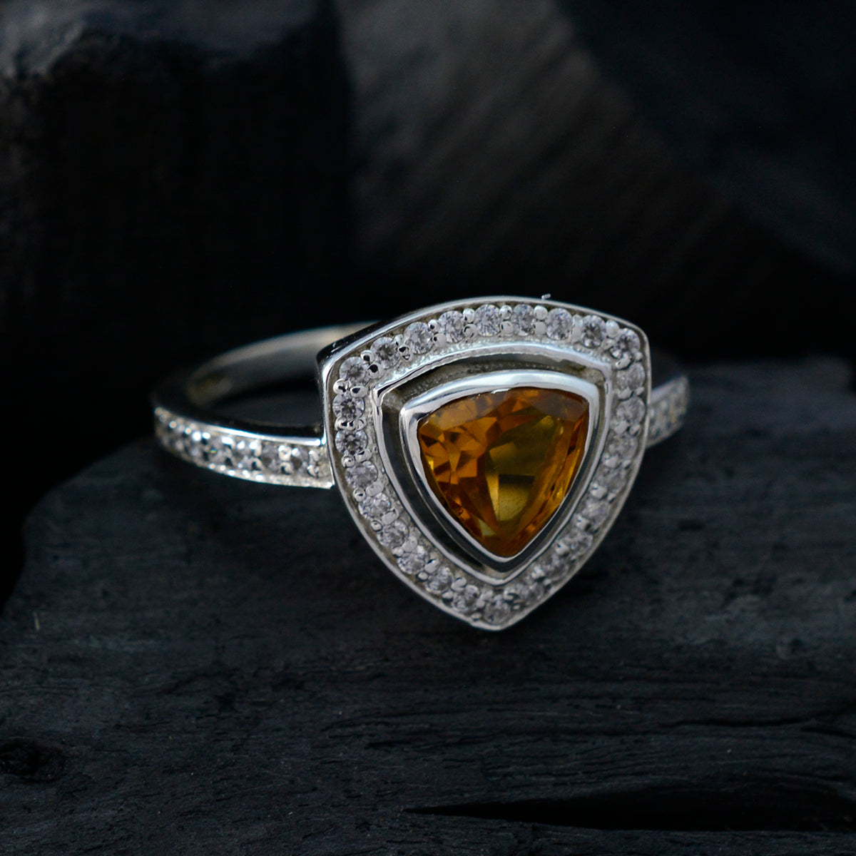 Citrine Halo Moroccan Sterling Silver Yellow Gemstone Slim Feminine Ring Jewelry