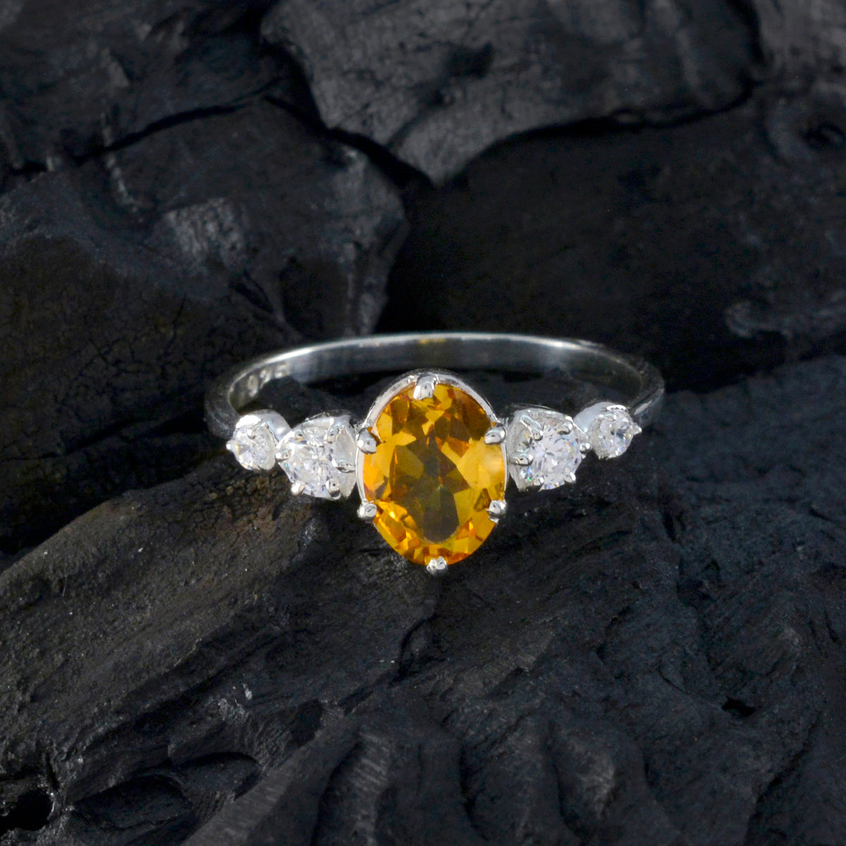 Citrine Halo Korean 925 Sterling Silver Yellow Gems Elegant  Graceful Ring Jewellery