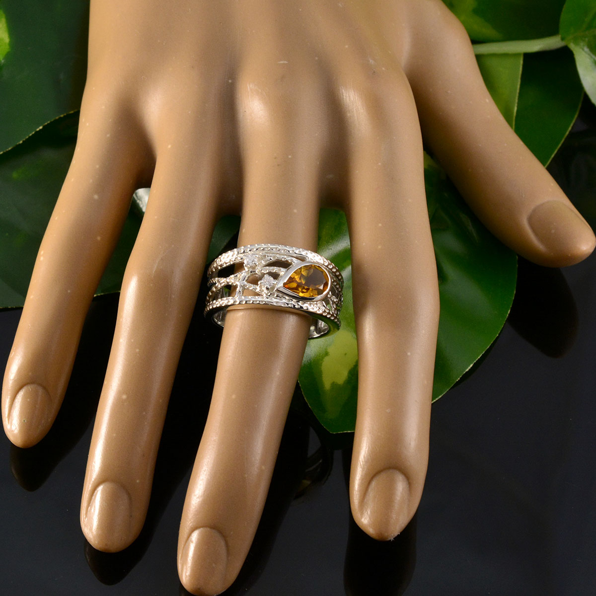 Citrine Halo Russian 925 Sterling Silver Yellow Gemstone Eye catching Trendy Ring Jewellery
