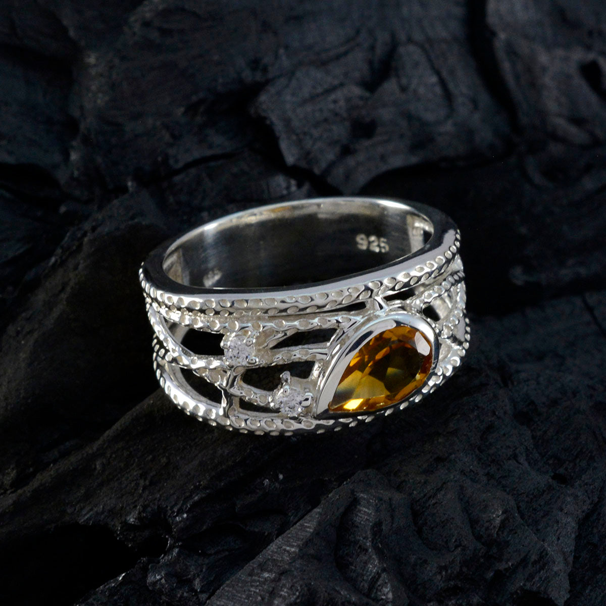 Citrine Halo Russian 925 Sterling Silver Yellow Gemstone Eye catching Trendy Ring Jewellery