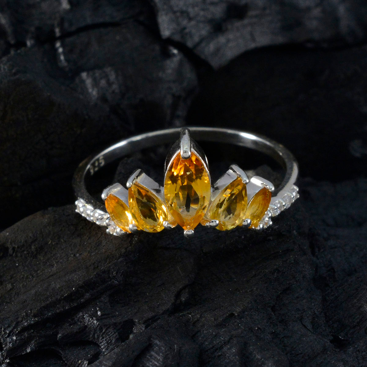 Citrine Penta Turkish 92.5 Silver Yellow Gemstone Elegant  crown Ring Jewelry