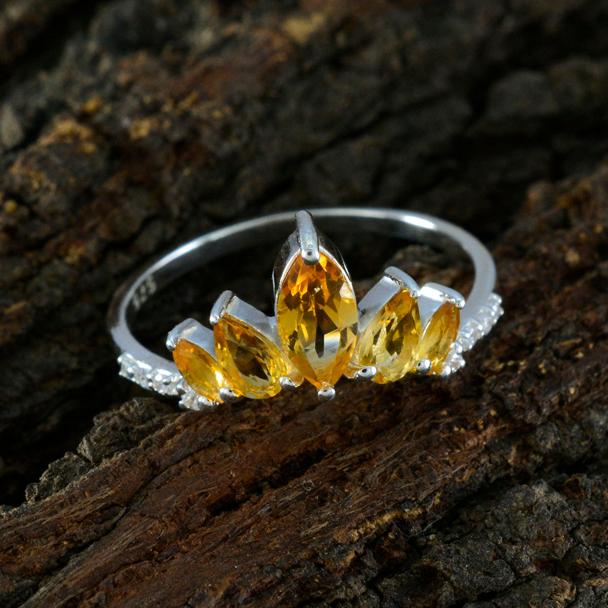 Citrine Penta Turkish 92.5 Silver Yellow Gemstone Elegant  crown Ring Jewelry