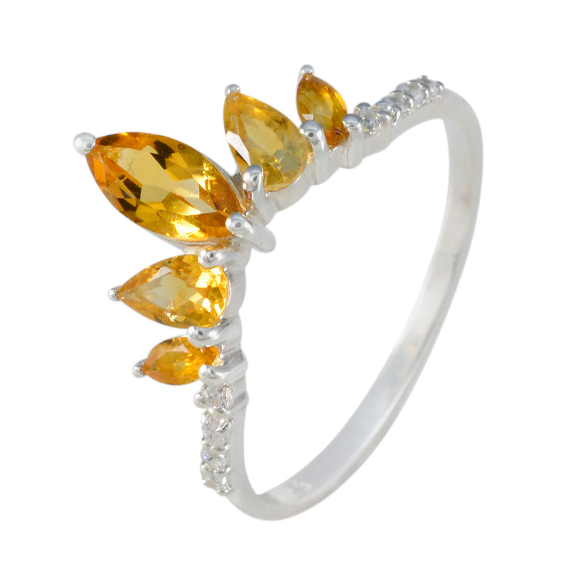 Citrine Penta Turkish 92.5 Silver Yellow Gemstone Elegant  crown Ring Jewelry