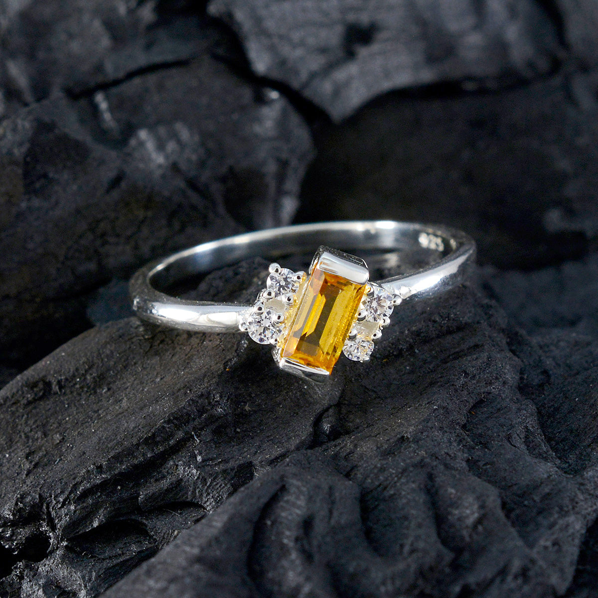 Citrine Halo Japanese Silver Yellow Gems Elegant  Trendy Ring Jewellery