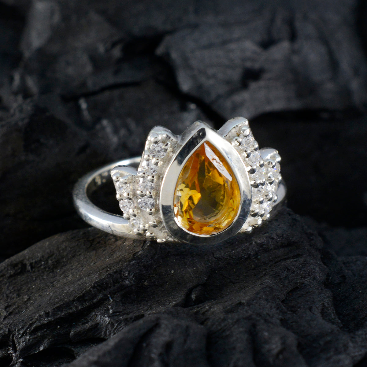 Citrine Halo Turkish 925 Sterling Silver Yellow Gems Whisper thin Sophisticated Ring Jewellery