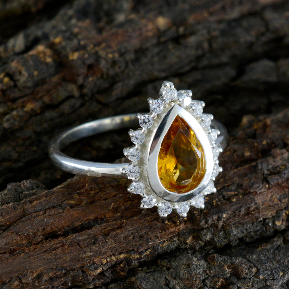 Citrine Halo American 925 Silver Yellow Gemstones Dainty Feminine Ring Jewellery