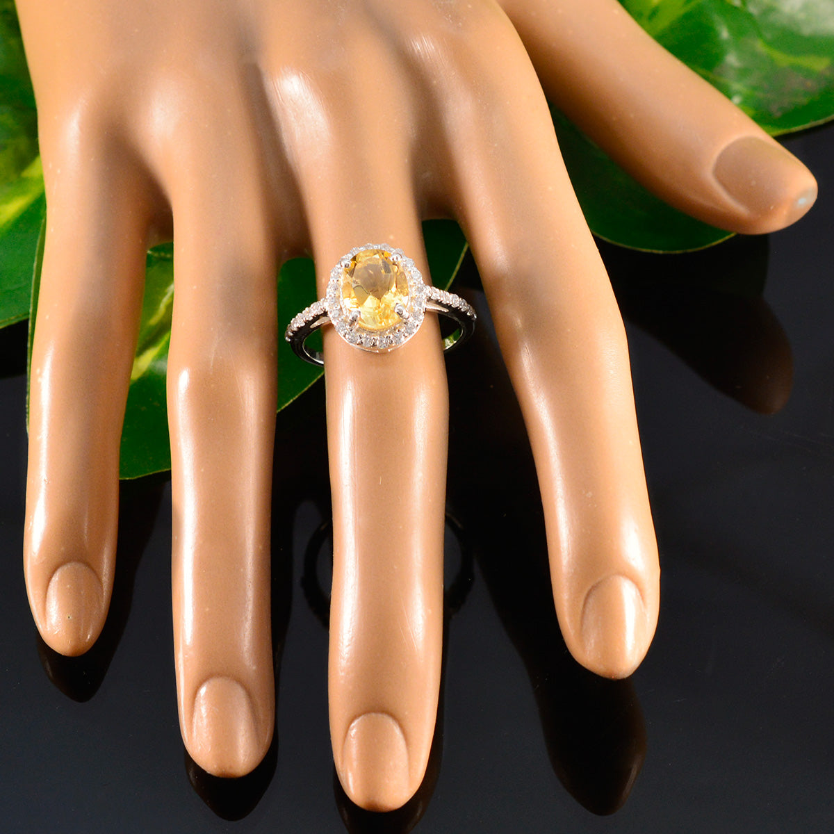 Citrine Halo Indian 925 Sterling Silver Yellow Gemstones Slim Glamorous Ring Jewellery