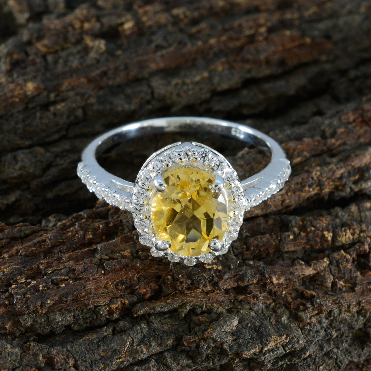 Citrine Halo Indian 925 Sterling Silver Yellow Gemstones Slim Glamorous Ring Jewellery