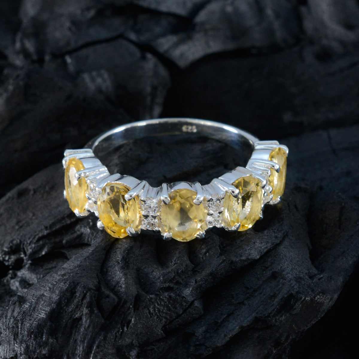 Citrine Penta French Sterling Silver Yellow Gemstones Classic Fairytale Ring Jewellery