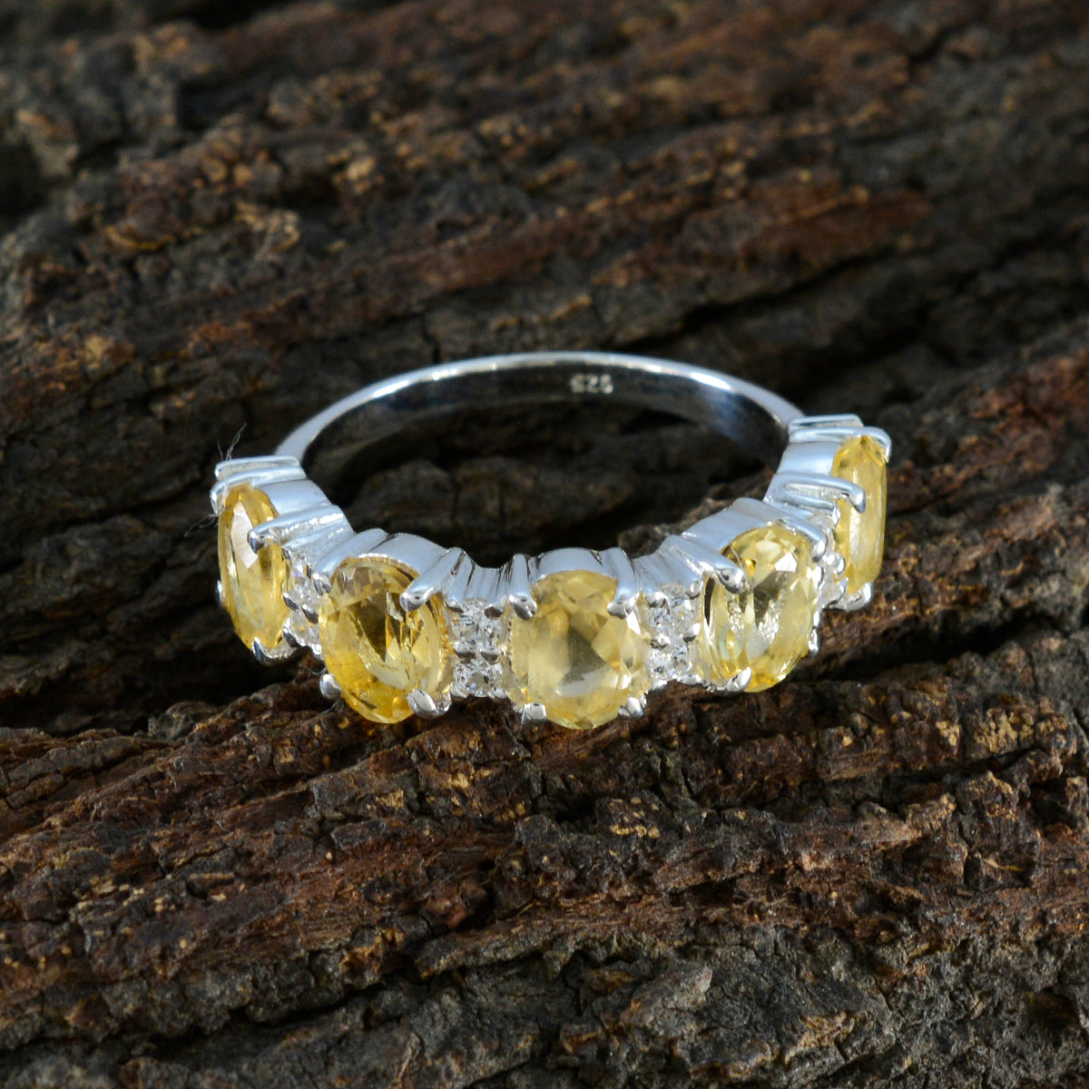 Citrine Penta French Sterling Silver Yellow Gemstones Classic Fairytale Ring Jewellery