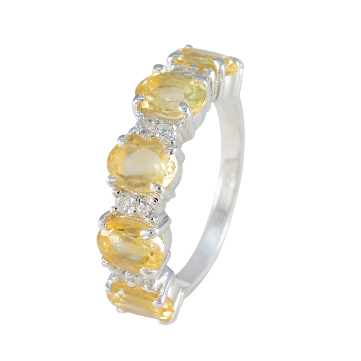 Citrine Penta French Sterling Silver Yellow Gemstones Classic Fairytale Ring Jewellery