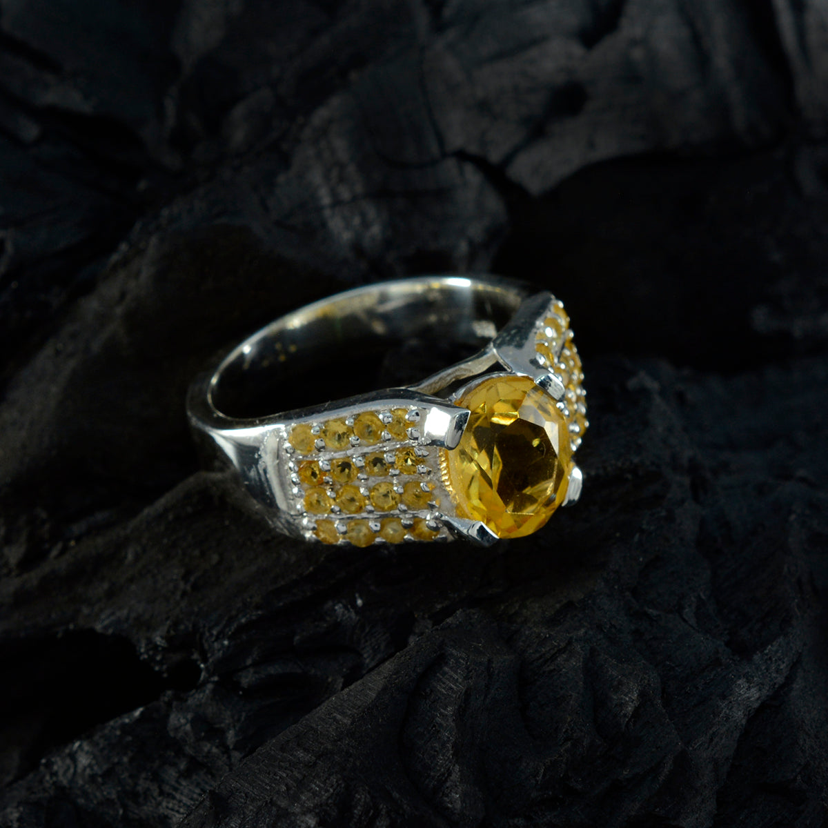 Citrine Halo African 925 Sterling Silver Yellow Gems Mid weight Contemporary Ring Jewellery