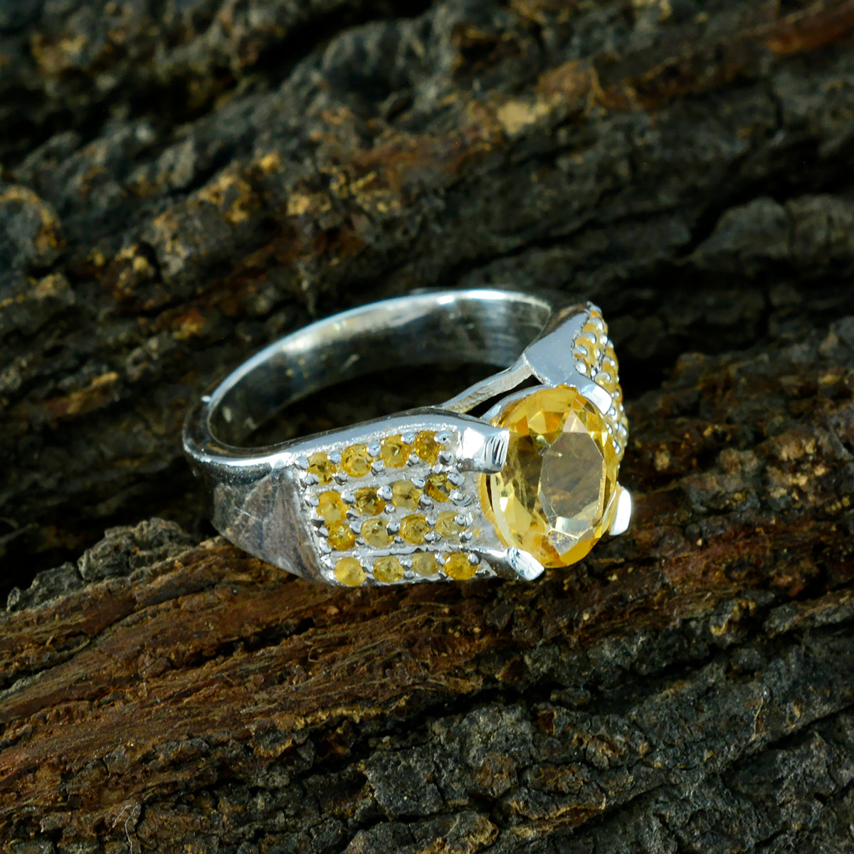 Citrine Halo African 925 Sterling Silver Yellow Gems Mid weight Contemporary Ring Jewellery