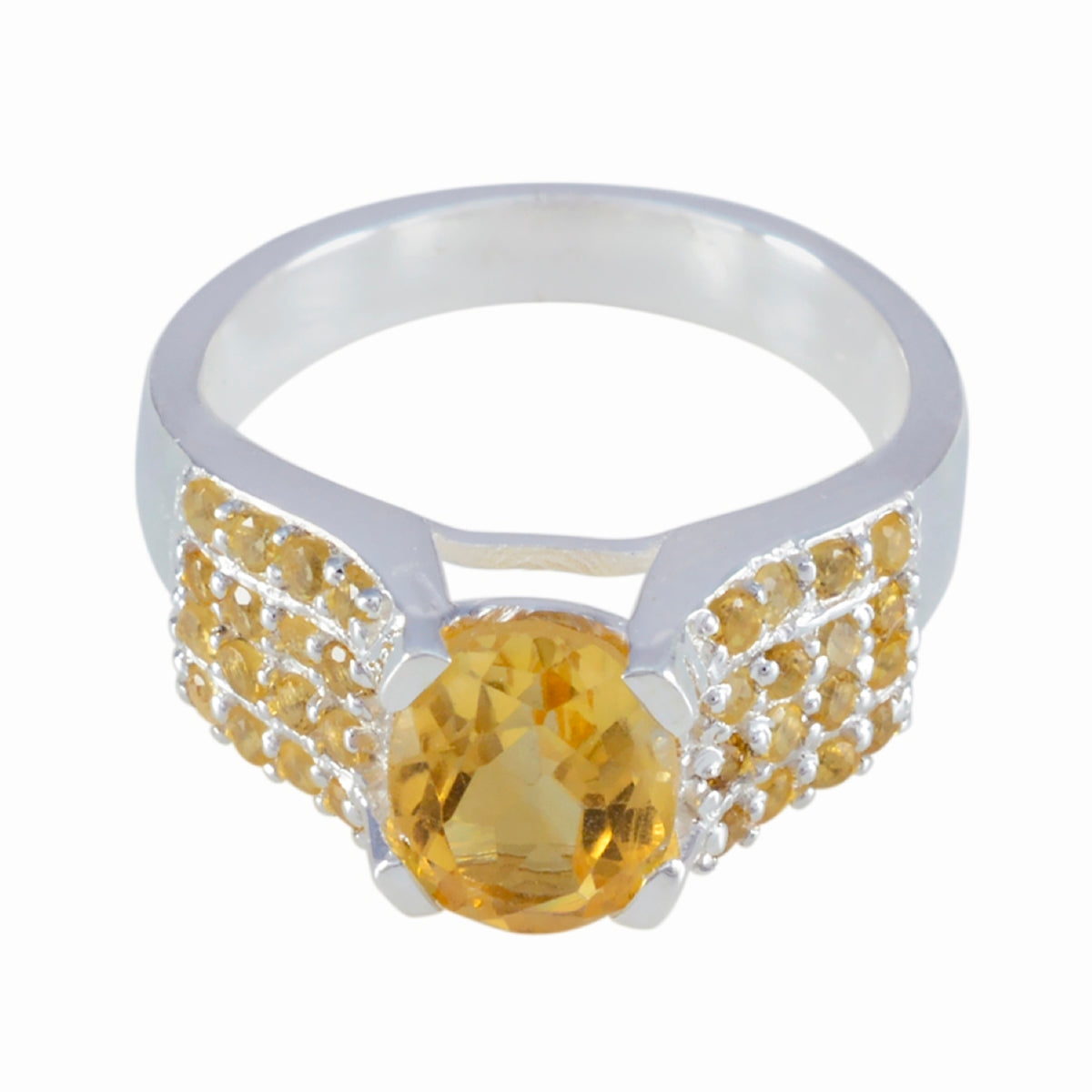 Citrine Halo African 925 Sterling Silver Yellow Gems Mid weight Contemporary Ring Jewellery Hoofdafbeelding