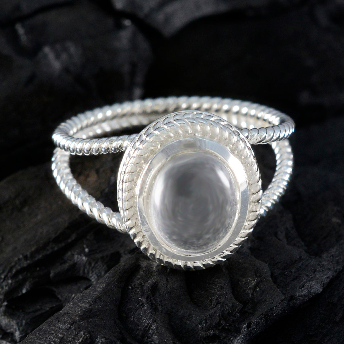 Crystal Quartz Solitaire Middle Eastern Silver White Gems Classic Rope Wire Ring Jewelry