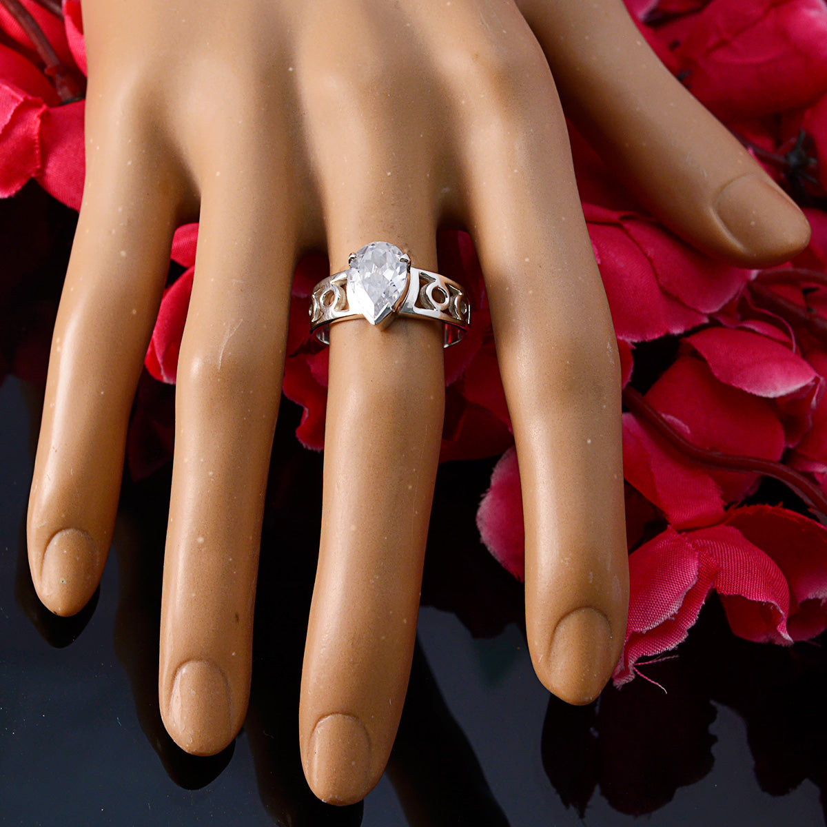 Crystal Quartz Solitaire French Silver White Gemstone Slim Promise Ring Jewellery