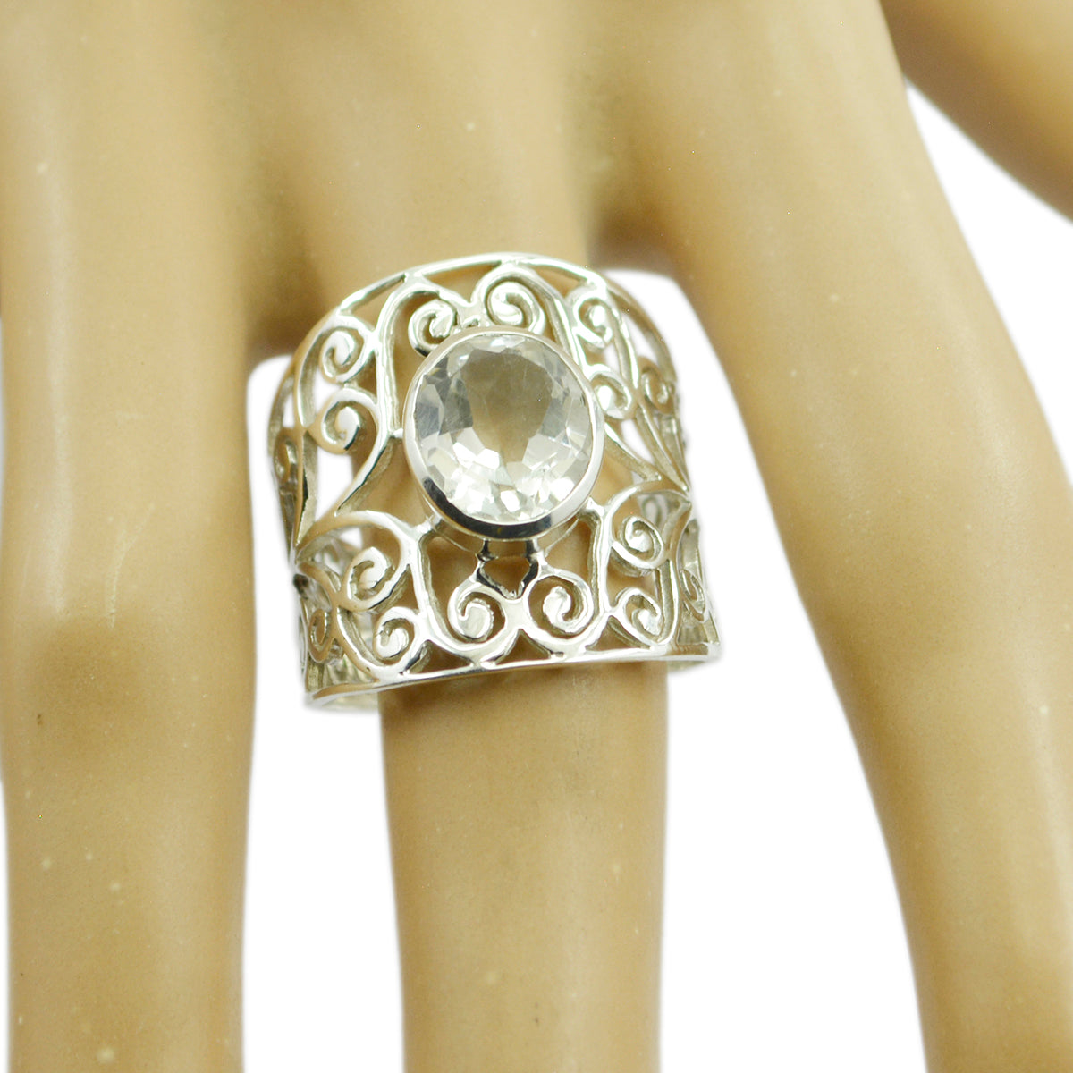 Kristallquarz Solitär Lateinamerikanischer 925 Sterling Silber Weißer Edelstein Auffälliger Filigranring Schmuck Zweitbild