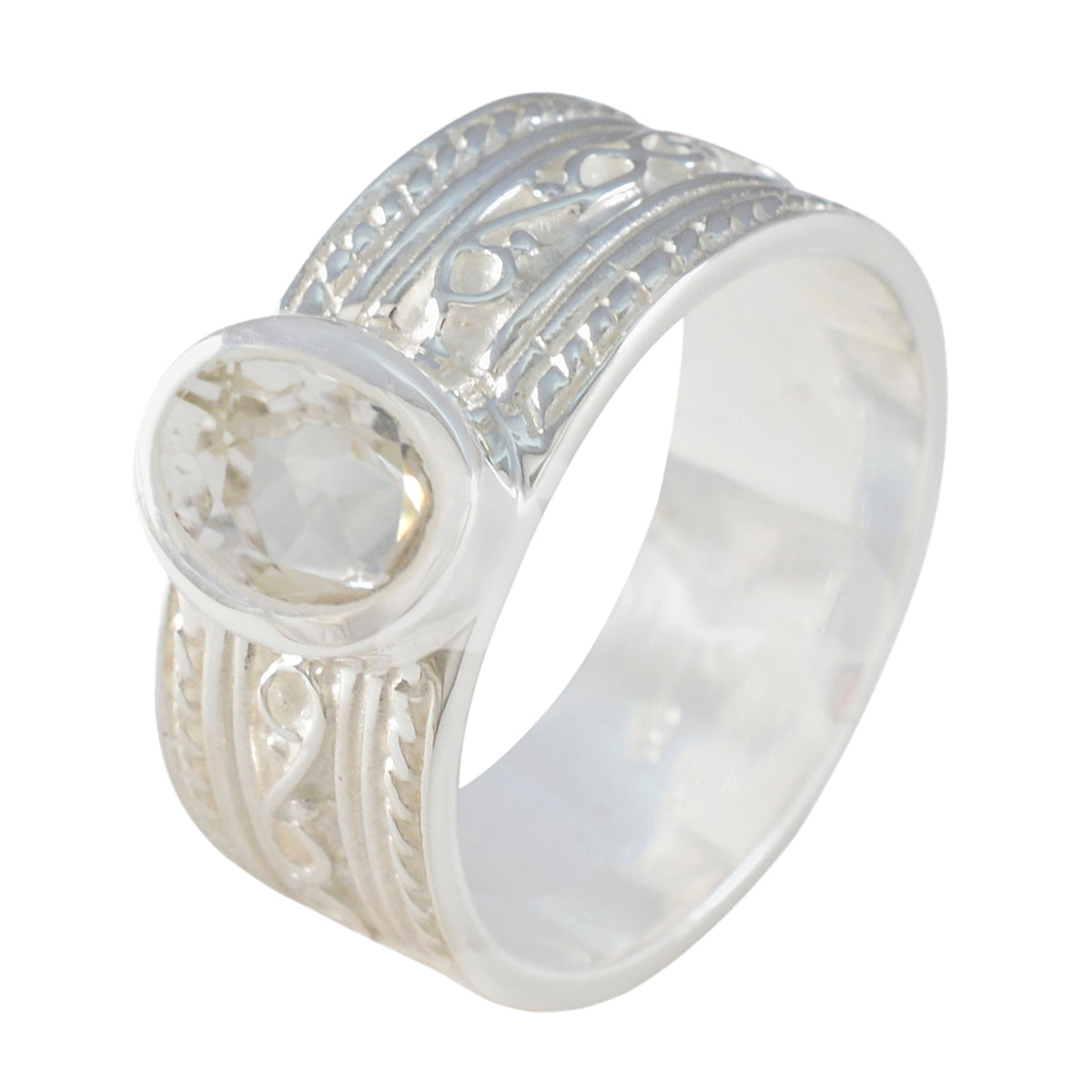 Bague solitaire en cristal de quartz indien en argent sterling 925 avec pierres précieuses blanches, bijou à bande torsadée accrocheur Image secondaire du produit