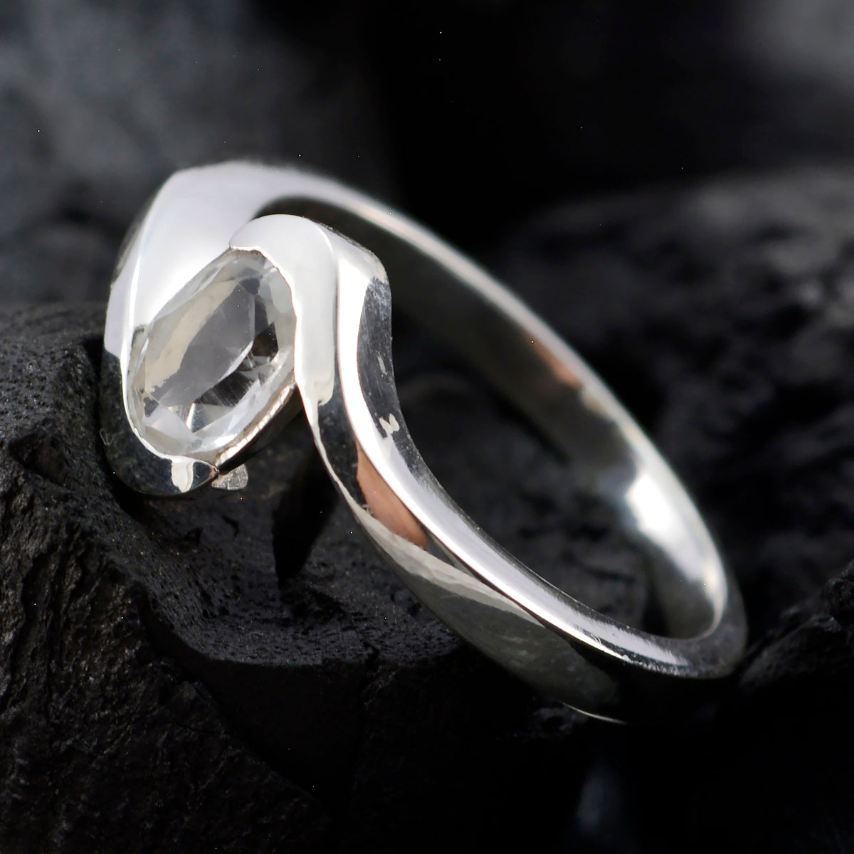 Crystal Quartz Solitaire Turkish 925 Sterling Silver White Gems Whisper thin Contemporary Ring Jewellery