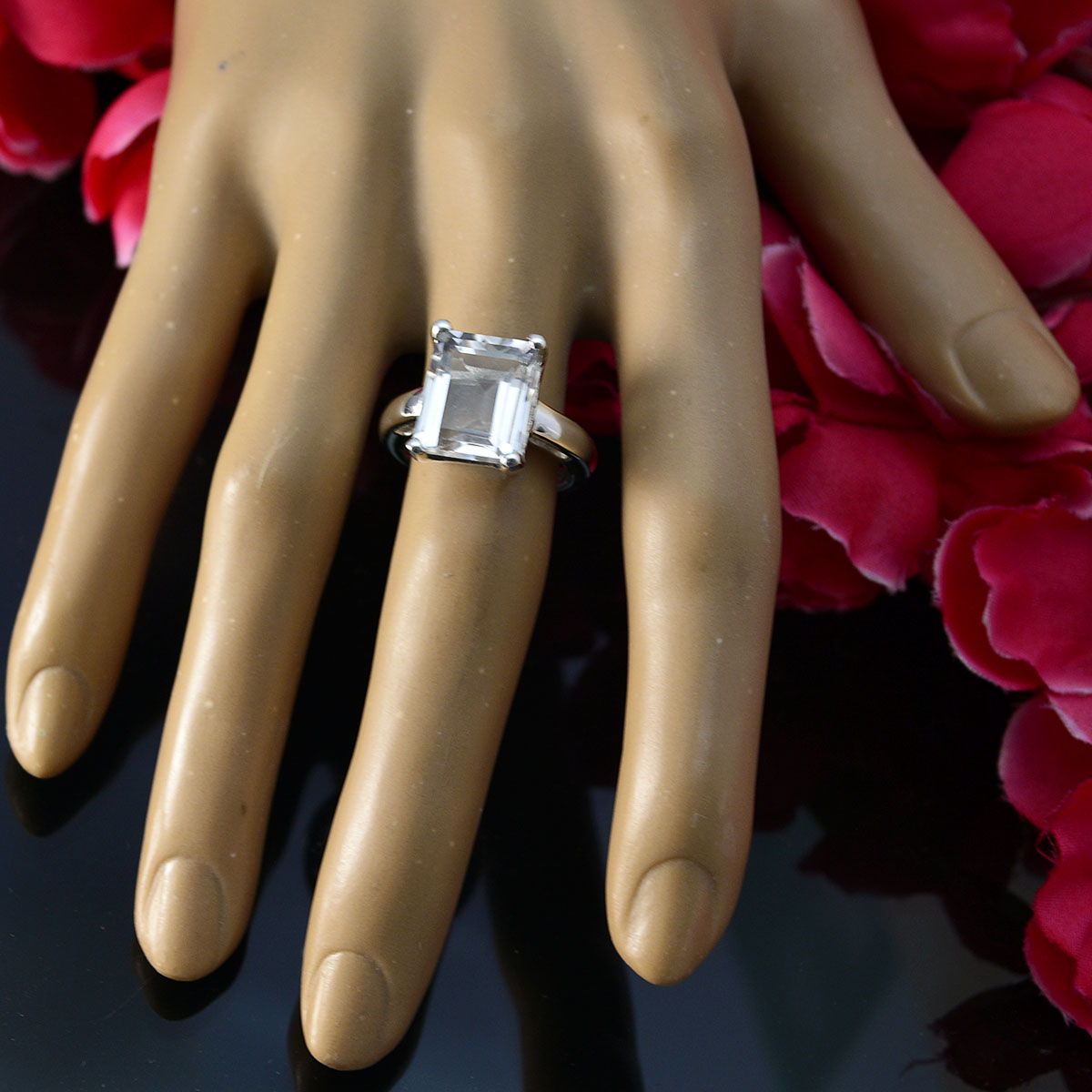 Crystal Quartz Solitaire French 925 Sterling Silver White Gems Minimal Artisan Ring Jewelry