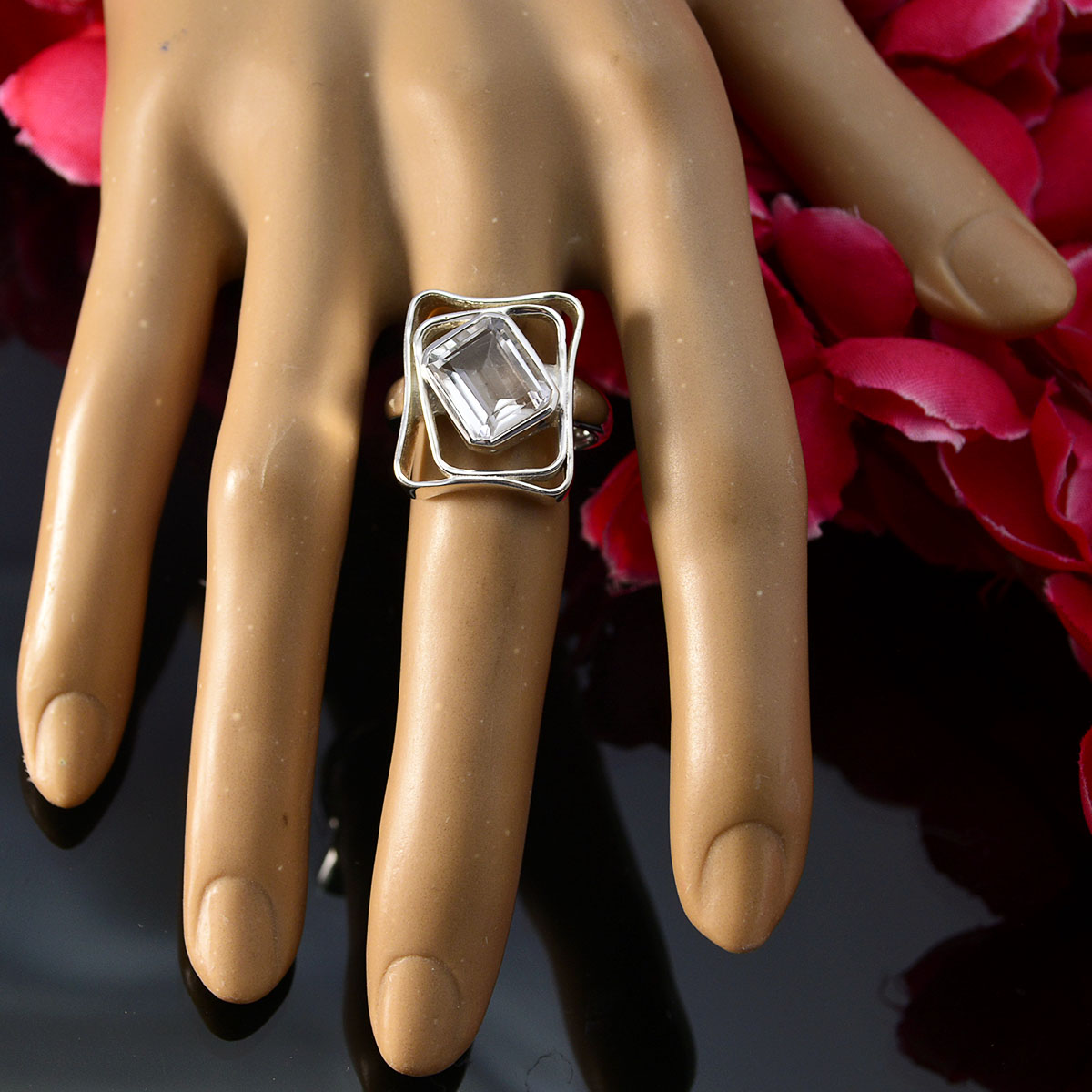 Crystal Quartz Solitaire French Silver White Gems Mid weight Signet Ring Jewelry